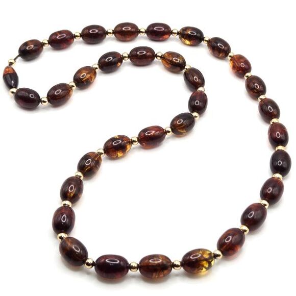 Vintage 1950s Root Beer Lucite Bead 24" Necklace Gold Tone Spacers Mid-Century - Picture 1 of 5